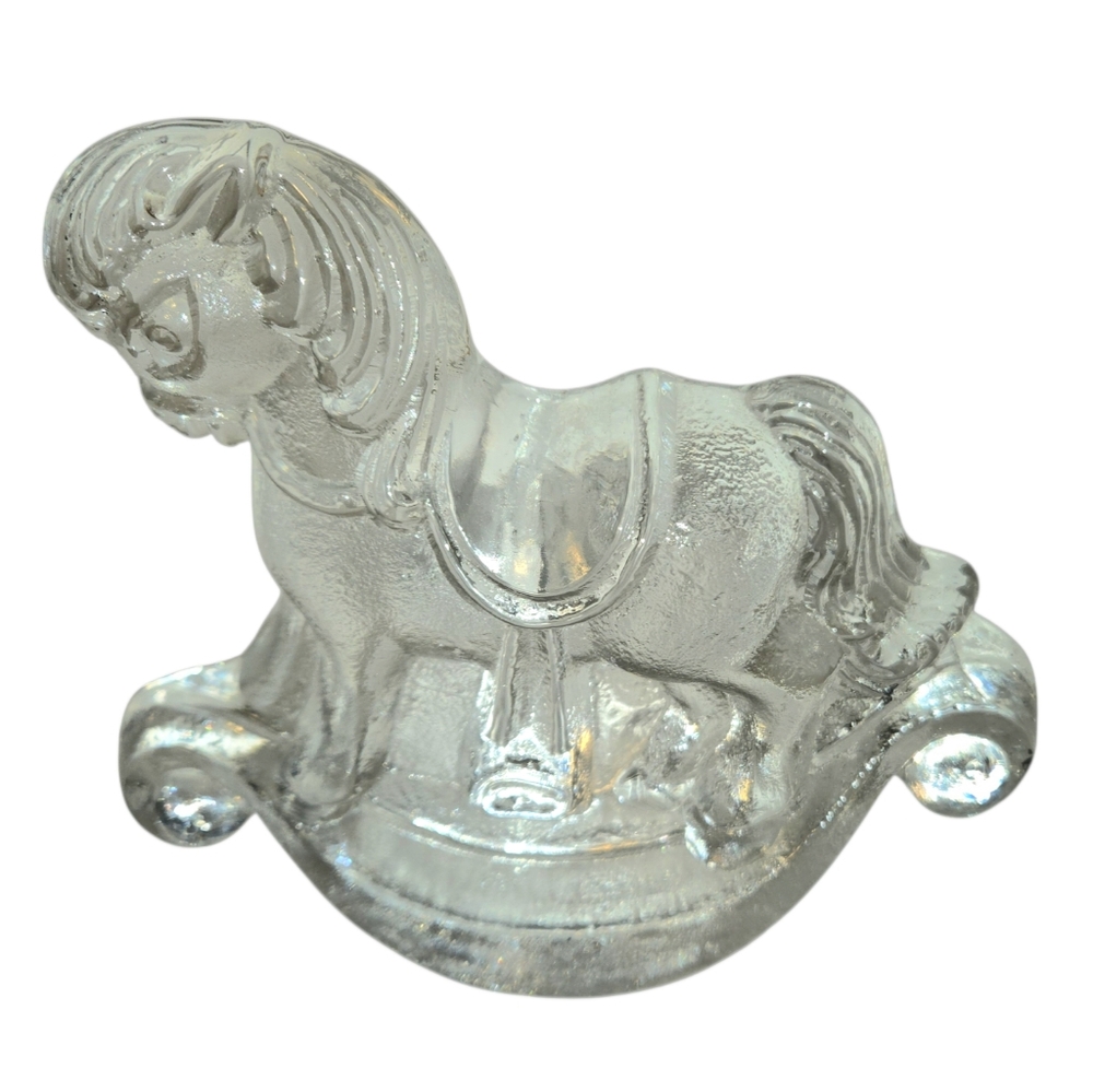 Vintage Crystal Clear Heavy Glass Rocking Horse Figure Paperweight Bookend Baby
